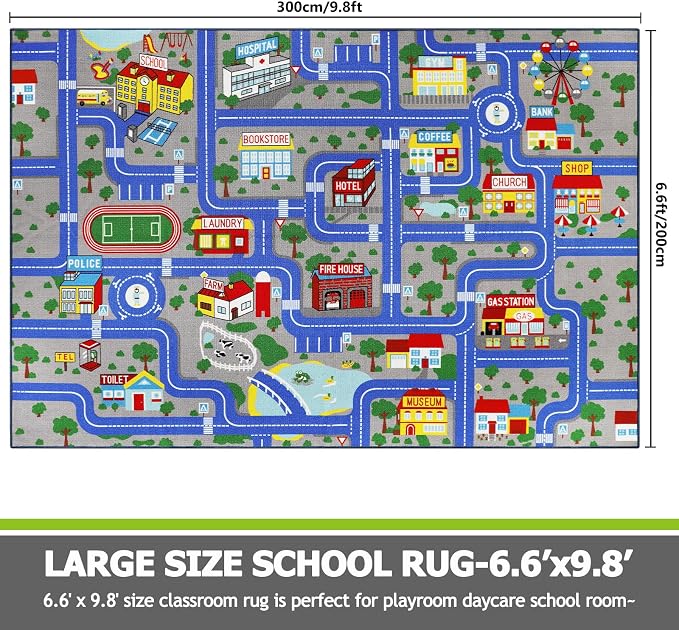Capslpad Blue Car Road Kid Rug Carpet Playmat for Playoom Traffic Road Kids Play Mat for Toddler Non Slip Washable City Map Race Track Carpet Rug for Kids Room Playroom Classroom Decor,6.6'x9.8'