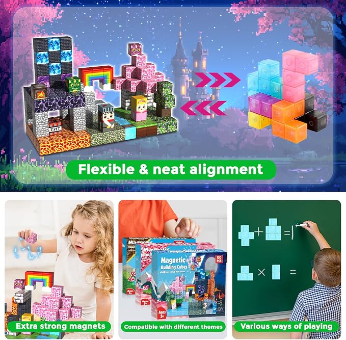 Magneverse 150 PCS 0.8in Magnetic Blocks - Magnet Toys, Magnetic Building Blocks Cubes, Stacking Magnets, Birthday Gifts for Age 3+ Years Old (Theme: Princess & Knight)