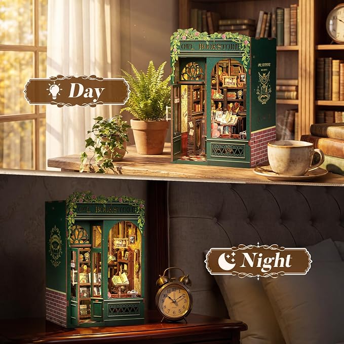 CUTEBEE Book Nook Kit - DIY Miniature House Kit for Adults, Teens and Beginners, Dollhouse Booknook Library Tiny House Bookshelf Decor 3D Wooden Puzzle, Gifts for Family, Friends (Owl Bookstore)