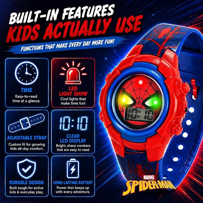 Marvel Spider-Man Kids Watches – Digital Display, Interactive Features, Adjustable Strap, Vibrant Spider-Man Graphics, Durable for Active Kids