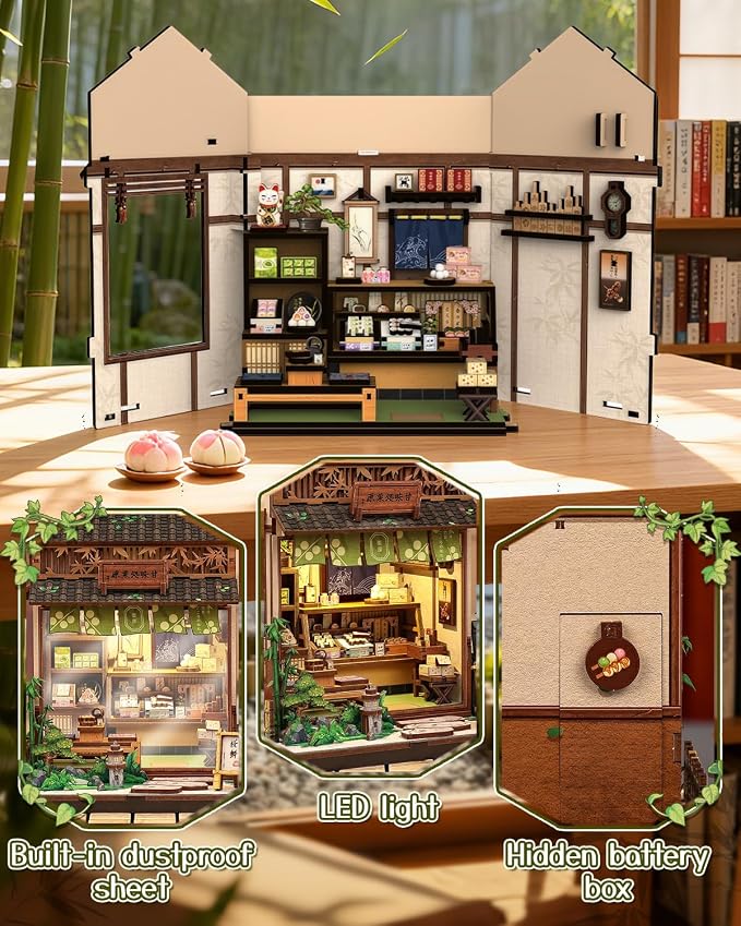 Book Nook Kit - DIY Miniature Japanese Wagashi Shop, 3D Wooden Puzzle Dollhouse with LED Lights, Tiny Bookend & Creative Bookshelf Decor, Craft Gift for Adults, Teens & Book Lovers