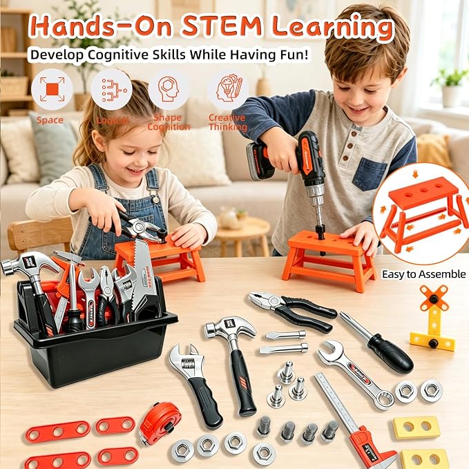 49 PCS Kids Tool Set with Toy Electric Drill, Construction Dress Up Pretend Play Kit with Tool Box, Washable Vest, Goggles & STEM Building Plate, Birthday Gift for Boys Toddlers Age 3 4 5 6 7