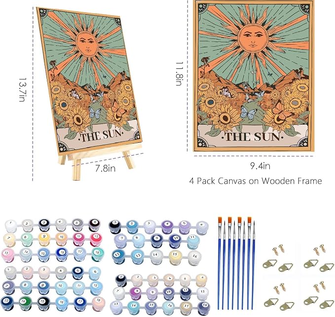 WUDWL Paint by Numbers Kit for Adults Framed Canvas, 3 Pack with Wooden Easel,Paint by Numbers for Kids Ages 8-12, Sun and Moon DIY Acrylic Landscape Oil Painting Arts Crafts, 9.45x11.8inch