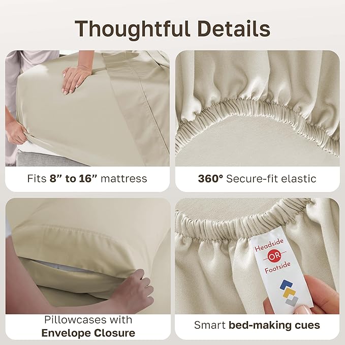 California Design Den 6 Piece King Size Sheets Set with 4 Pillowcases - Soft 400 Thread Count Sateen, 100% Cotton Sheets King Size with Deep Pockets, Durable Bedding Set - Beige