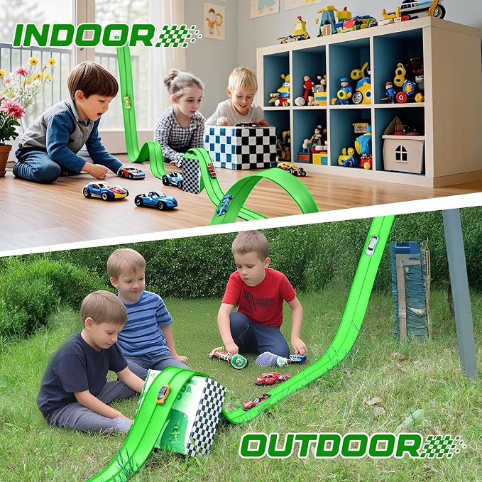 Flexible Race Car Track 15 Ft Starter Set with Suction Cups Compatible with and Diecast 1/64th Car for Ages 3 & Up Classic Green Double Track Long Rolls Up Portable Racetrack Birthday Gifts