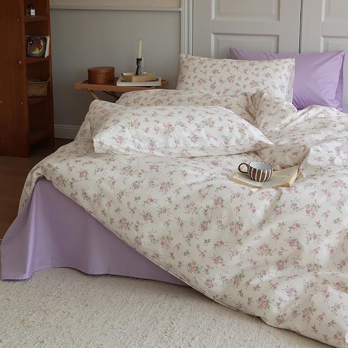 LifeTB Vintage Garden Floral Comforter Set Queen Cute Pink Floral Bedding Comforter for Queen Bed Reversible Botanical Flowers Comforter with 2 Pillowcases Girls Cottagecore Bedding Comforter Set