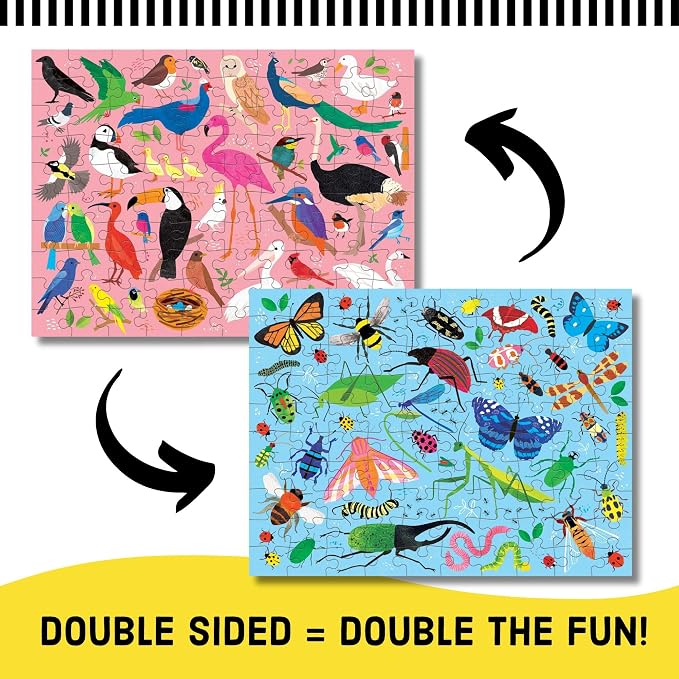 Mudpuppy Bugs and Birds Double-Sided Puzzle, 100 Pieces, 22” x 16.5” – Perfect Family Puzzle for Ages 6+ - Colorful Illustrations of Birds on One Side and Bugs on the Other, Multicolor (0735363749)
