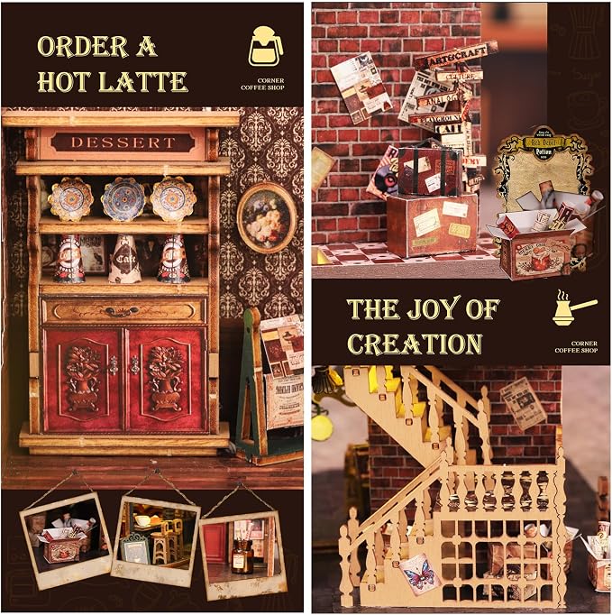 CUTEROOM DIY Miniature House Kit, Wooden Dollhouse Kit with LED Magic Tiny House Kits for Women Adult Gifts for Christmas Birthday (Book Coffee Shop)