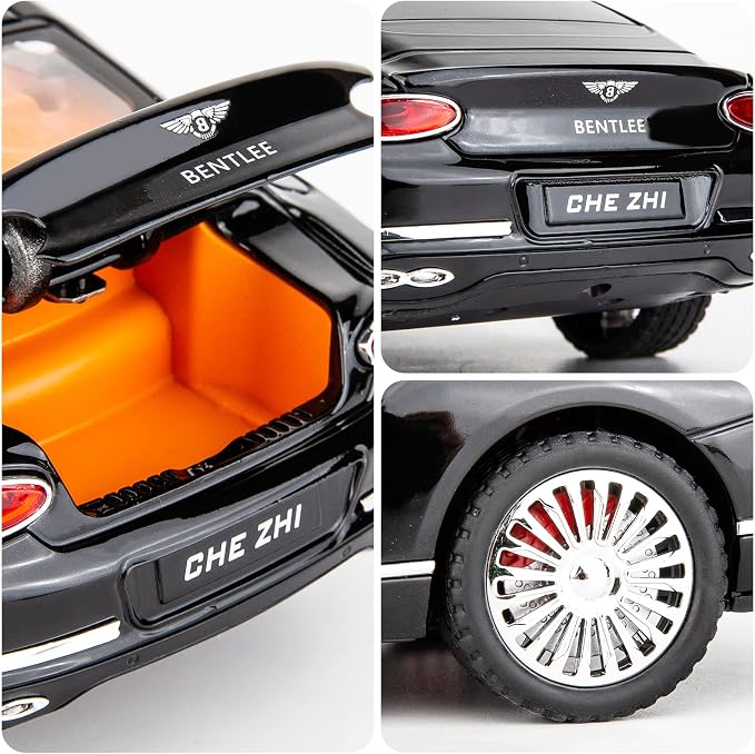 WAKAKAC Compatible for 1/24 Bentley Continental GT Model Car Alloy Diecast Toy Car Collectible Pull Back Toy Vehicles with Sound and Light Door Can Be Opened for Girls Boys Gift(Black)