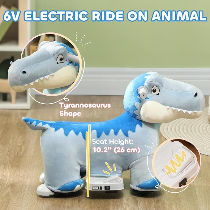 Qaba 6V Kids Ride on Horse, Battery Powered Ride on Toy, Tyrannosaurus Shaped Electric Riding Animal with Music Forward, PU Wheels, for Girls Boys Aged 18-36 Months, Green