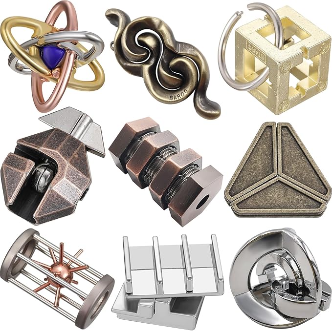 Wettarn 9 Pcs Metal Brain Teaser Puzzles 3D Steel Puzzle Set for Adults IQ Logic Challenge Disentanglement Unlock Interlocking Games Smart Logic Test Toys for Adults Mind Challenge(Magic Style)