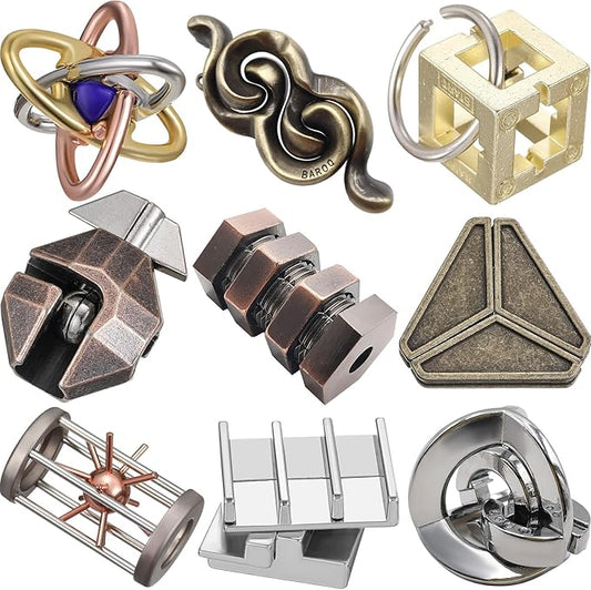 Wettarn 9 Pcs Metal Brain Teaser Puzzles 3D Steel Puzzle Set for Adults IQ Logic Challenge Disentanglement Unlock Interlocking Games Smart Logic Test Toys for Adults Mind Challenge(Magic Style)
