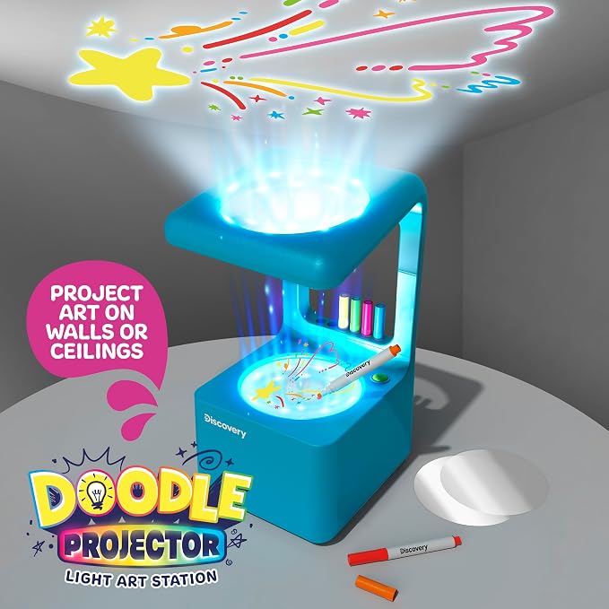 Discovery™ Doodle Projector Light Art Station – Includes 6 Dry-Erase Markers, 10 Reusable Drawing Discs, Project Drawings on Walls & Ceilings| Arts & Crafts Kit for Kids| Tracing Pad Coloring Toy Gift