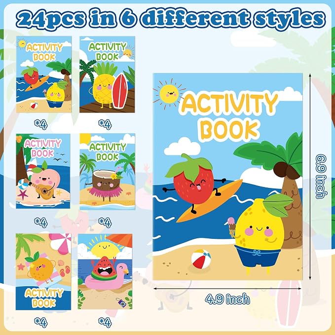 Summer Activity Books for Kids - 48Pcs Coloring Fruits Books Set Bulk Summer Tropical Search Mazes Word Scramble Games Mini Books for Party Goodie Bags Stuffers School Classroom Favors