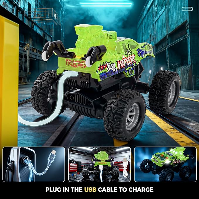 BEZGAR Monster Truck Toys - 2.4GHz 1:64 Remote Control Car with Colorful Lights, 360° Spins, Metal Shell - Remote Control Monster Truck for Boys Girls Age 6, 7, 8, 9, 10 Years Old(Green)
