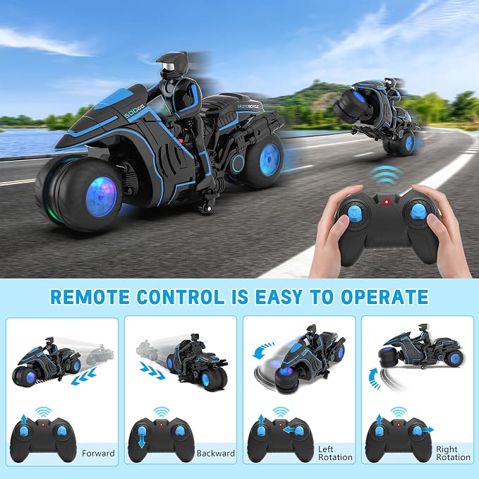 Remote Control Motorcycle Toys, Colorful Wheels Light Off-Road RC Dirt Bike with Detachable Rider, 360 Degree Rotation, High Speed, 2.4Ghz RC Motorbike Gift for Kids 5-12