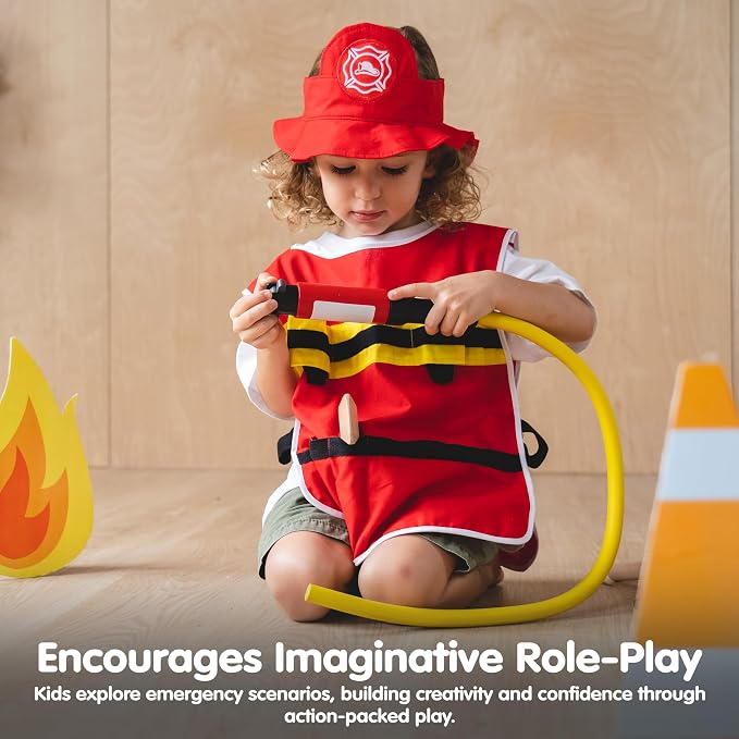 PlanToys® Firefighter Play Set with Pretend Play Rescue Kit Featuring Helmet, Jacket & Tools | Montessori Wooden Toy for Imaginative Role Play, Teamwork & Learning