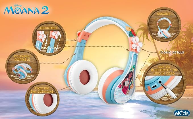 Moana 2 Bluetooth Headphones for Kids. Wireless Headphones for School, Home or Travel