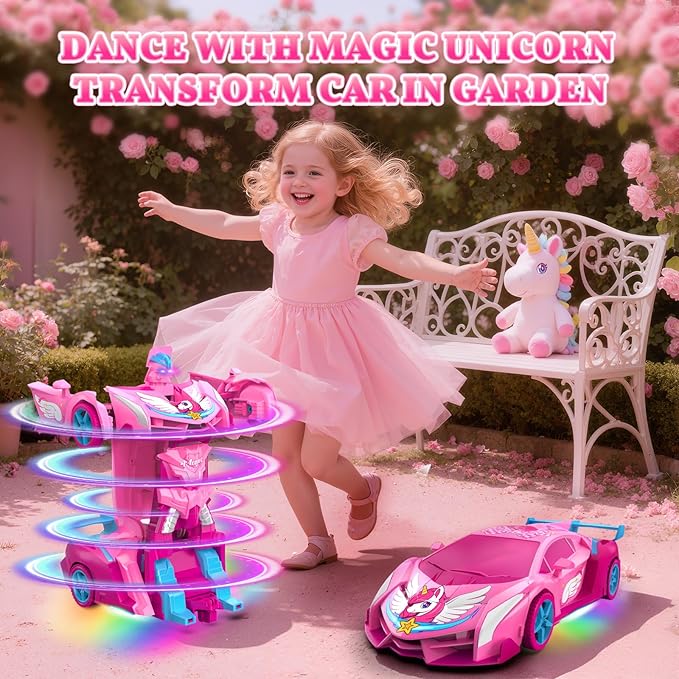 Pink Unicorn Transform RC Cars for Girls Toys with Rainbow Eyes & Underbody Lights, Fast 360°Rotation & 2.4GHz Robot Remote Control Car One-Button Deformation,Birthday Gifts for 3-12 Year Old Girls