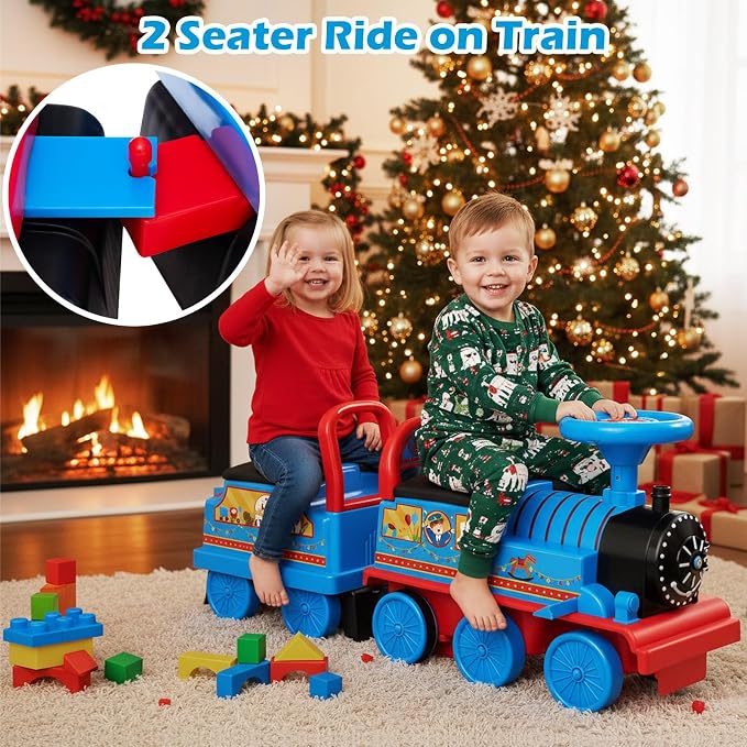 OLAKIDS 6V 2-Seater Ride on Train with Carriage, Storage, Train Whistle, Music, Lights for 18 Months+ (2 Seaters, Circus)