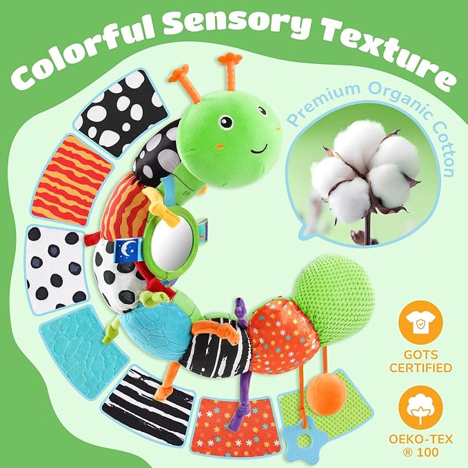 AWOTOY Baby Sensory Toys Music Caterpillar Plush Infant Toys 0 6 12 Months | Stuffed Animals Tummy Time Teething Toys with Mirror Pull String Rattle Baby Toys for Newborn Boy Girl Shower Birthday Gifts