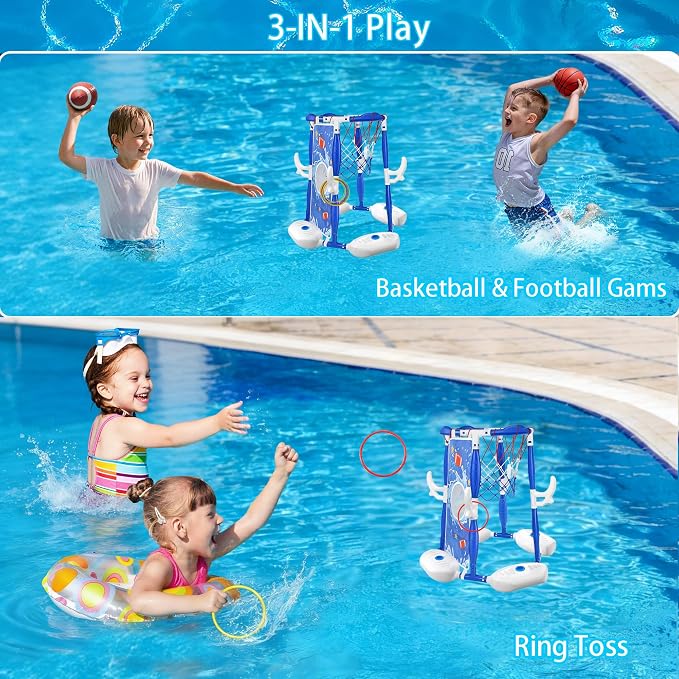 Pool Basketball Hoop, 3-in-1 Floating Basketball Hoop & Football Ring Games with 5 Balls 12 Rings and Pump, Outdoor Family Party Water Swimming Pool Basketball Toys for Kids Ages 4-8 8-12