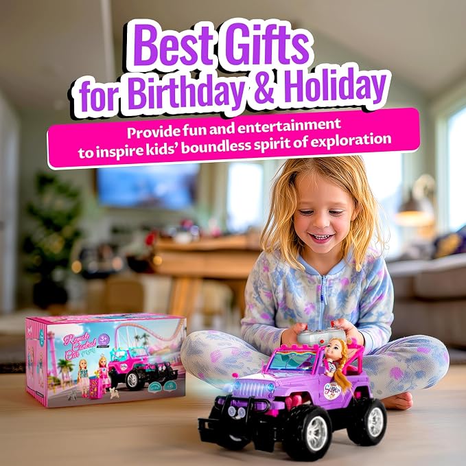 ULOVEME Purple Je ep Remote Control Car for Girls with 5.5" Doll & LED Lights, 2.4GHz Off-Road Trucks, 1:16 Scale Remote-Control Toy Car Holds 2 Dolls (Purple Car)
