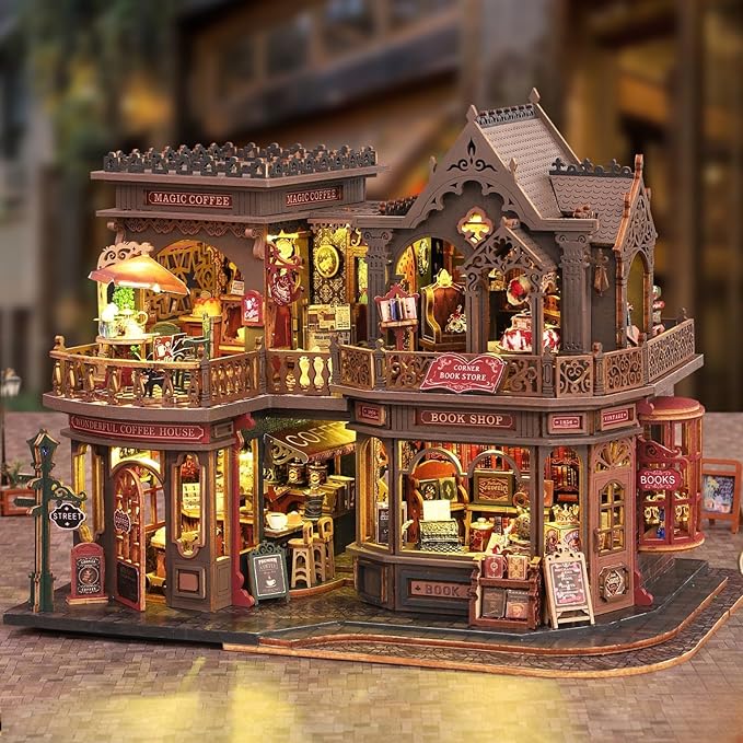 Letter Coffee DIY Miniature House Kit with LED Light - Assembled Dollhouse Kit for Shelf Decor - Wood 3D Puzzles Tiny House Book Nook - Creative Gift for Adults at Birthday Christmas