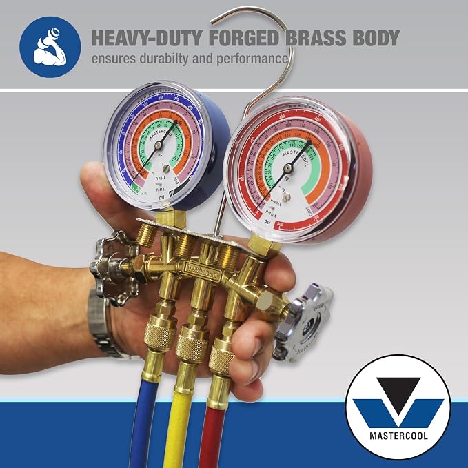 Mastercool 59136 2-Way Heavy Duty Brass Manifold Gauge Set with 3 1/8" Silicone-Dampened Gauges and 1/4" SAE Fittings for R410a, R22, R404A - U.S. Assembled & Tested with 36" Hoses