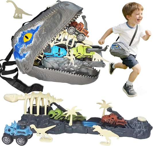 Dinosaur Launch Tracks Toys with Rolling Wheels & Storage Box & Shoulder Bag, 3-in-1 Toy Set for Kids 3+, Cool Dinosaur Car Playset for Toddler Boys & Girls' Festival Gift (Velociraptor)