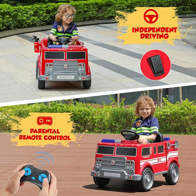 ELEMARA 12V Ride on Fire Truck, Battery Powered Toddler Electric Vehicle w/Parent Remote Control,Ride on Car for Kids,Siren-Call,walkie-talkies, Flashing Lights,Fire Extinguishers, Bluetooth,Music,UBS