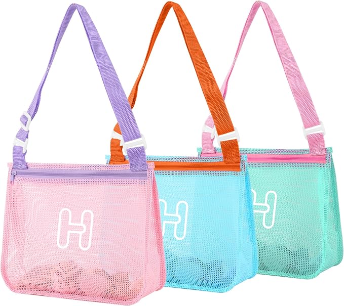 3Pcs Personalized Kids Beach Shell Bag, Initial Seashell Mesh Zipper Beach Pouch, Shell Collecting Bag for Holding Shells with Adjustable Straps, Sand Toys Swim Pouch Gift for Girl Boy Teens(Letter H)