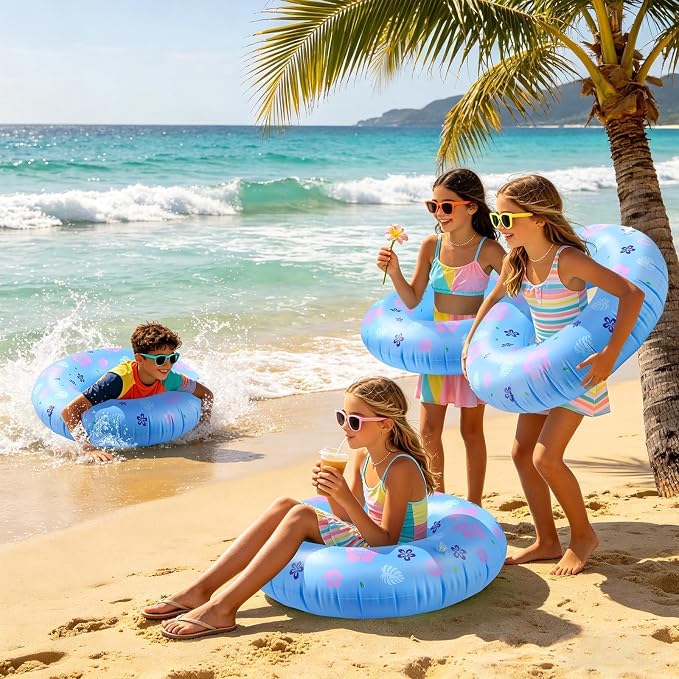 4-Pack Hawaiian Leaves & Flowers Pool Floats for Kids, 28 Inch Inflatable Swim Rings, Summer Beach Toys, Birthday & End-of-School Class Party Favors Decorations