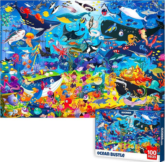 QUOKKA 100 Piece Puzzles for Kids Ages 6-8 – Intricately Illustrated Ocean Animals Puzzle for Kids Ages 8-10 – Educational Busyland Game Packed with Visual Details for Boys and Girls