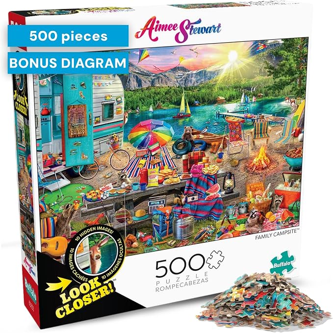 Buffalo Games Aimee Stewart - Family Campsite - Look Closer - 500 Piece Jigsaw Puzzle - 21.25 x 15 in - Hidden Images - Reference Poster - Adult Puzzles
