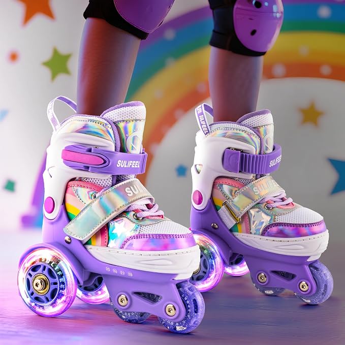 SULIFEEL Rainbow Unicorn 4 Size Adjustable Roller Skates for Girls Boys for Kids Ages 3-5 5-8 6-12 Children Skates Indoor Outdoor