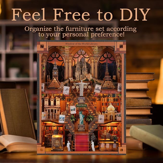 Book Nook Library kit - DIY Miniature House Kit for Adults & Teens, Dollhouse Booknook Bookshelf Insert Decor with LED Light, Unique Gift for Family, Friends（Window of the World）