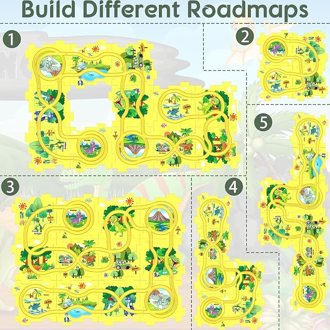 Christmas Stocking Stuffer 25PCS Puzzle Racer Kids Car Track Set, Dinosaur Puzzle Racer Car Track Set Puzzle Track Car Play Set Preschool Gifts for Kids Christmas Birthday Gift for Boys Girls