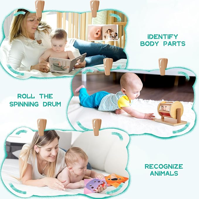 WOODMAM Montessori Toys for Babies 0-6 Months, 9 in 1 Learning Educational Baby Gifts for Newborn 0-3-6 Months, Includes High Contrast Cards, Baby Tissue Box Toy, Spinning Drum, Teether and More
