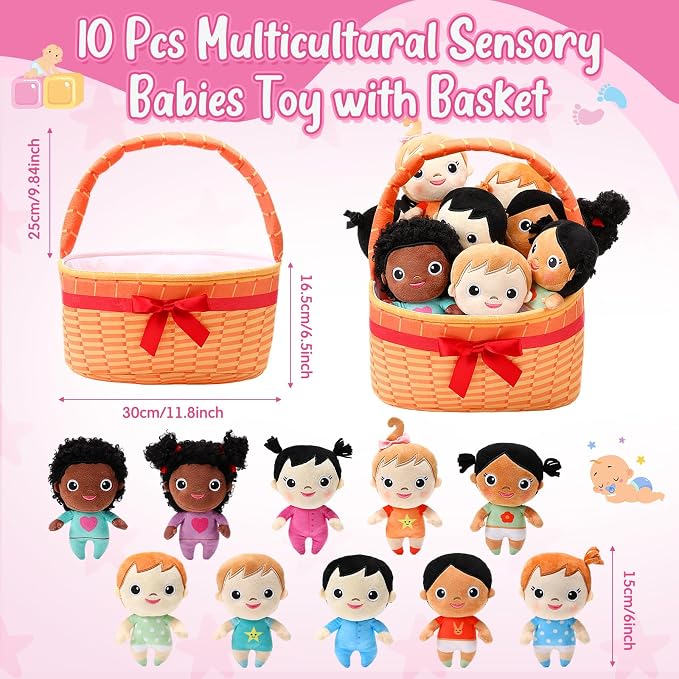 HyDren 10 Pcs Gifts for Children's Day Kids Multicultural Plush Dolls with Basket Diverse Soft Stuffed Dolls Inclusive Toys for Preschool Classroom Daycare Cultural Awareness Gift Set for Boys Girls