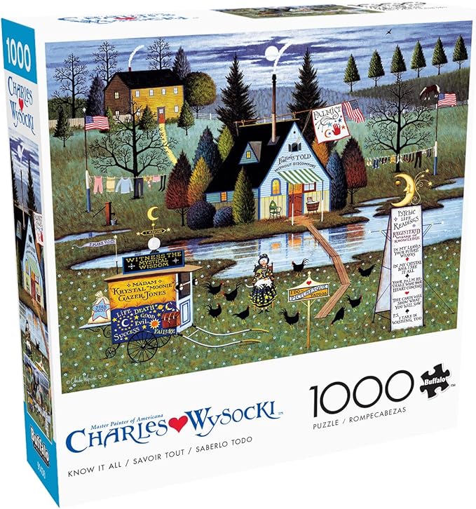 Buffalo Games Charles Wysocki - Know It All - 1000 Piece Jigsaw Puzzle - 26.75 x 19.75 in, Poster Included - 1000 Piece Puzzle for Adults - Folk Art Village Scene - Recycled Board