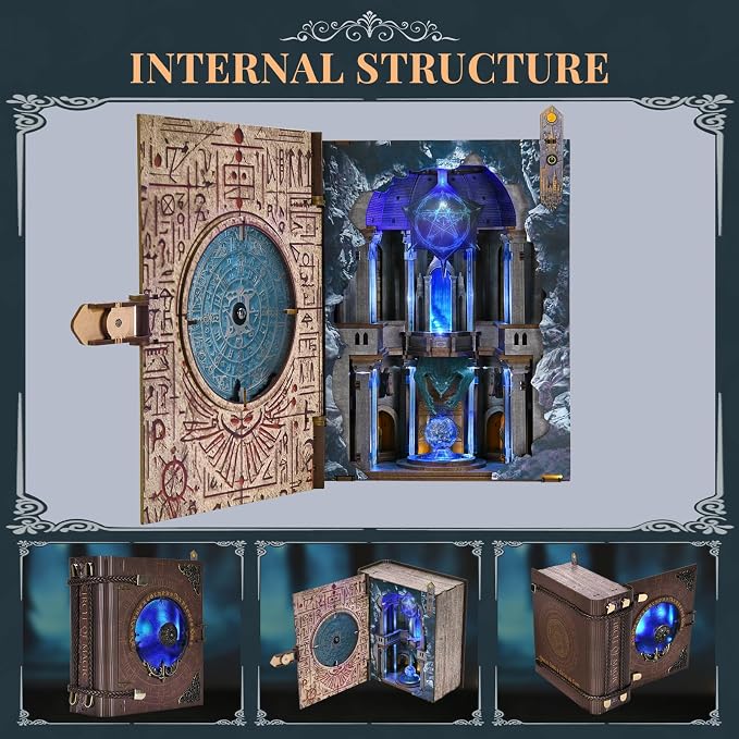 Book Nook Kit, DIY Miniature Dollhouse Magic Booknook Kit, 3D Wooden Puzzle Bookend Bookshelf with LED Light for Adults Teens (Circle of Magic)