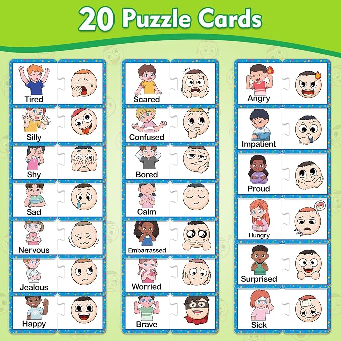Kasfalci Feelings & Emotions Puzzle Cards, 40 PCS Feelings Chart Toys for Kids,Social Emotional Learning Activities,Speech Therapy Games,Autism Learning Materials,Calm Down Corner Supplies