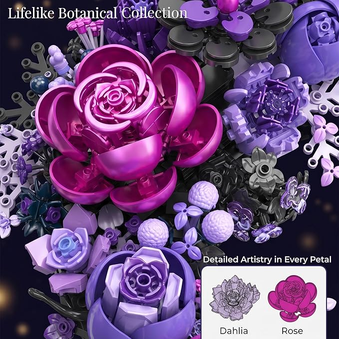 Purple Moon Flower Building Set, Botanical Collection Artificial Flowers Building Blocks Kit Compatible with Lego for Adults Home Décor Wall Art Decoration