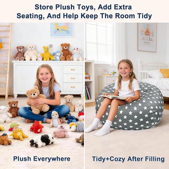 Lukeight Stuffed Animals Storage Bean Bag Chair Cover for Kids, Cozy Velvet Plush Toy Organizer Seat, Cover Only, No Filling Included, Long YKK Zipper, Side Pocket, X-Large 30 x 18 in