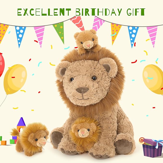 Lion Plush Toy, 17.7" Mother Lion Stuffed Animal with 3 Cute Baby Lions, 4Pcs Wild Animal Stuffed Toy for Kids Boys Girls, Safari Animal Plushies Gift for Christmas Birthday, Brown