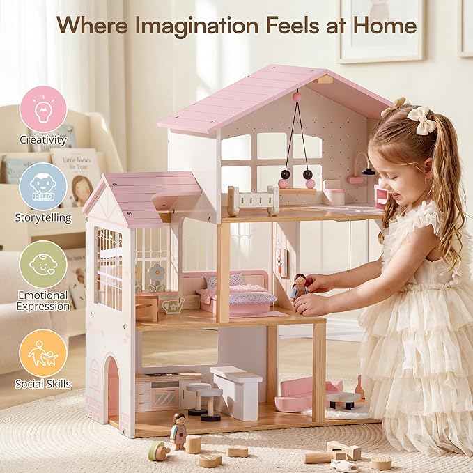 ROBOTIME Wooden Doll House, Dollhouse with 6 Open Rooms, 37 Pcs DIY Modular Doll House Furniture Accessories, Pretend Dollhouse Creative Gift for Girl Ages 3+ (Pink)