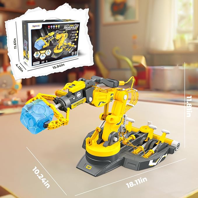SMIESSKIDDO 3 in 1 Hydraulic Robot Arm - 220 Pcs STEM Building Toys with 4-Jaw Grab, Suction & Tongs for Kids 8-12 | No Batteries Needed Engineering Gift for Boys & Girls Ages 9 10 11 - Yellow