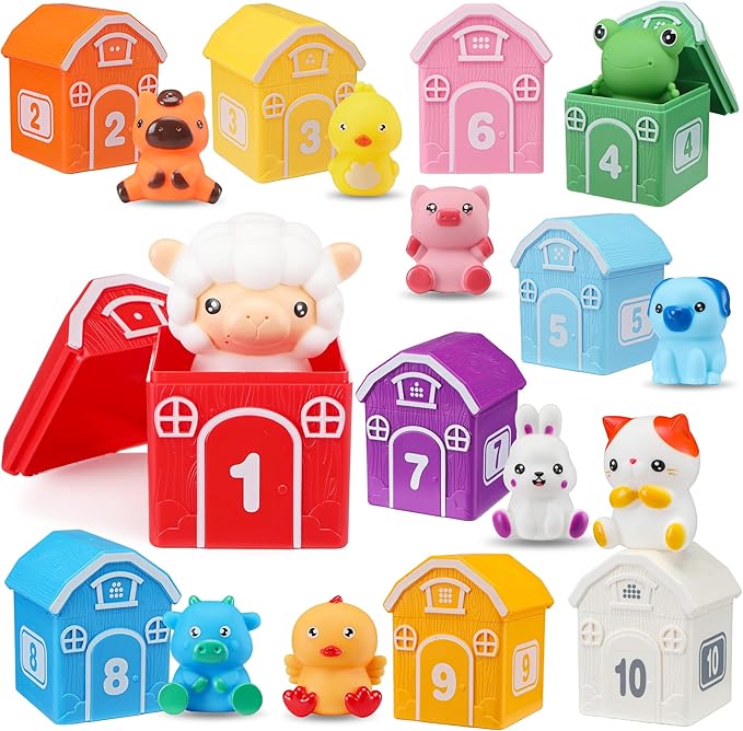 Montessori Toys for Toddlers, 20Pcs Farm Animal Toy Counting, Matching, Sorting Preschool Learning Toy Barn Toy including 10 Barns,10 Finger Puppets and 2 Stickers Birthday Gift Baby Boys Girls