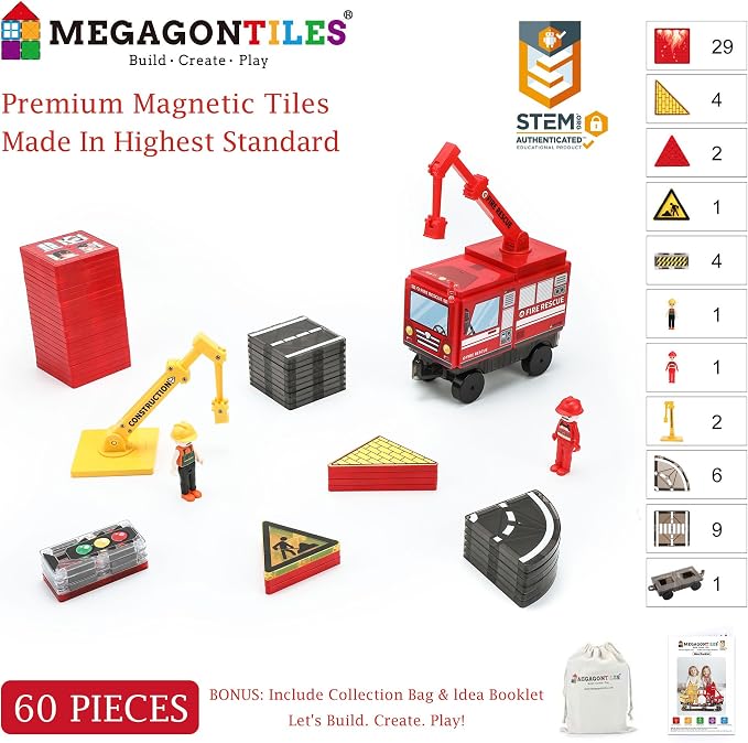 MEGAGONTILES Fire Station Magnetic Tiles Set 60PCS | STEM Magnetic Building Blocks with Fire Trucks & Cranes | Educational Construction Toy for Kids Ages 3–8 | Compatible with All Tile Brands